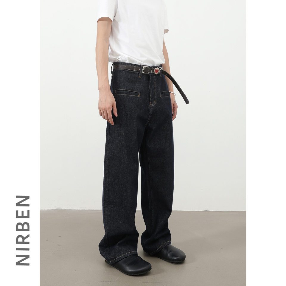 Quần jean nam ống rộng dáng suông có túi kiểu Hàn Quốc — Denim đen, màu xanh denim