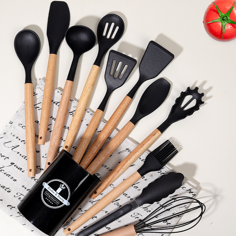 Cocina de cocina transfronteriza de silicona con mango de madera 12 piezas para cocinar cocina antiadherente olla de silicona cuchara colador pala nuevo
