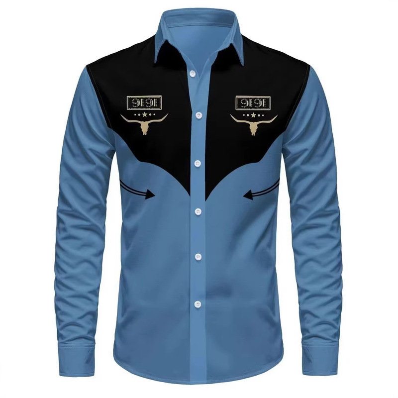 New Men's Long-Sleeved Shirt 3D Fashion Printed Cardigan Shirt Slim Fit Cross-Border Men's Clothing American Retro Shirt for Men