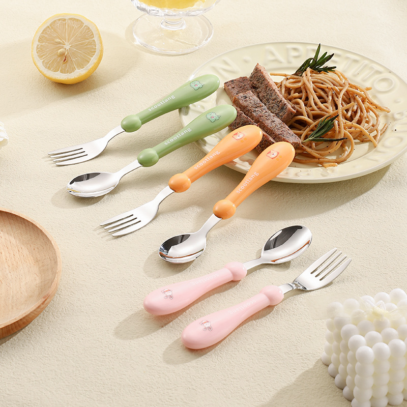 304 Stainless Steel Children's Tableware Fork and Spoon Set, Cartoon Silicone Soft Handle Baby Food Fork and Spoon Two-Piece Set 304 Stainless Steel Children's Tableware Fork and Spoon Set, Cartoon Silicone Soft Handle Baby Food Fork and Spoon Two-Piece Set