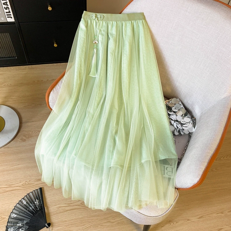 Новая сетчатая юбка в китайском стиле для женщин, лето 2024, новый стиль, трапециевидная марлевая юбка средней длины в китайском стиле с высокой талией, утягивающая юбка