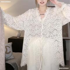 秋季新款镂空蕾丝衫女V领2024时尚洋气开衫显瘦很仙上衣小衫