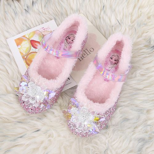 女童公主鞋冬季新款爱莎水晶鞋加绒单鞋粉色软底鞋子小女孩平底鞋