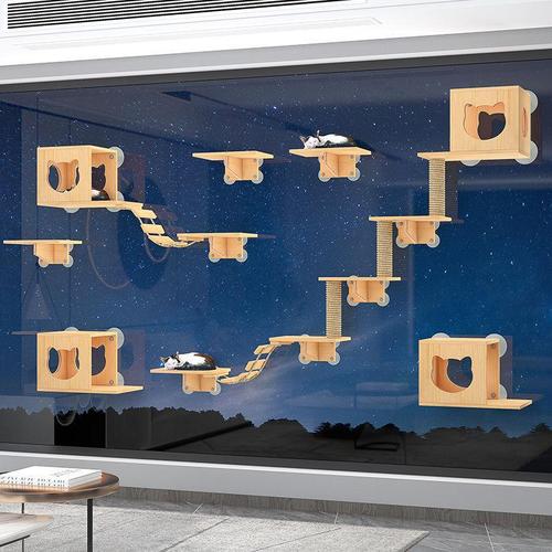 Solid wood cat wall suction cup cat climbing frame glass cat wall punch-free wall-type jumping platform springboard ladder cat furniture white