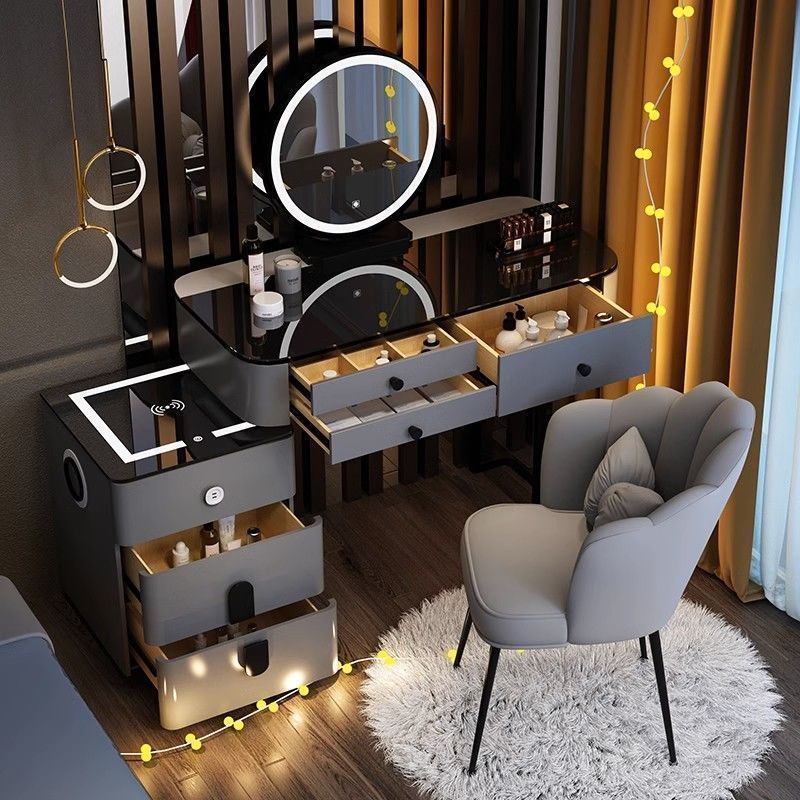 라운드 그레이 및 블랙 103cm 테이블 + 스마트 캐비닛 + 원형 거울 + 꽃잎 의자