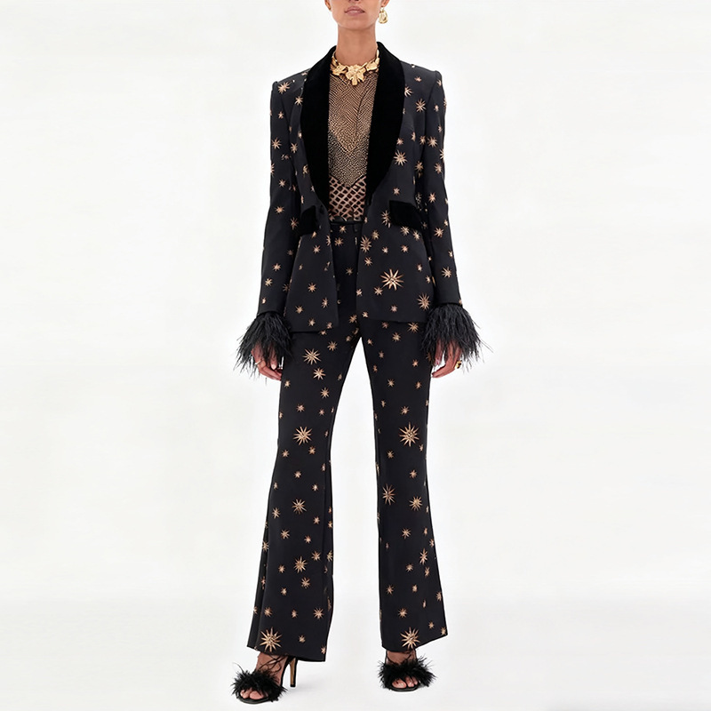 In Stock 2026 New European and American Fashion Heavy Embroidery Velvet Patchwork Feather Blazer Long Suit Two-Piece Set