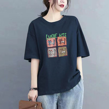 圆领纯棉短袖t恤女2025夏装新款小众百搭印花上衣大码遮肚子半袖