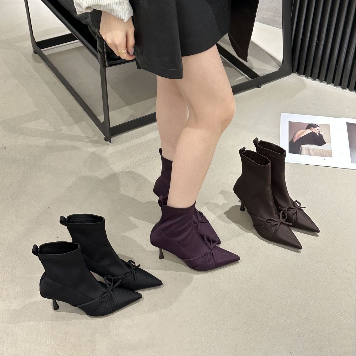 French Versatile Slip-On Slim Boots 2025 Autumn and Winter New Pointed Toe Stiletto High Heel Short Boots Women's Bow Martin Boots