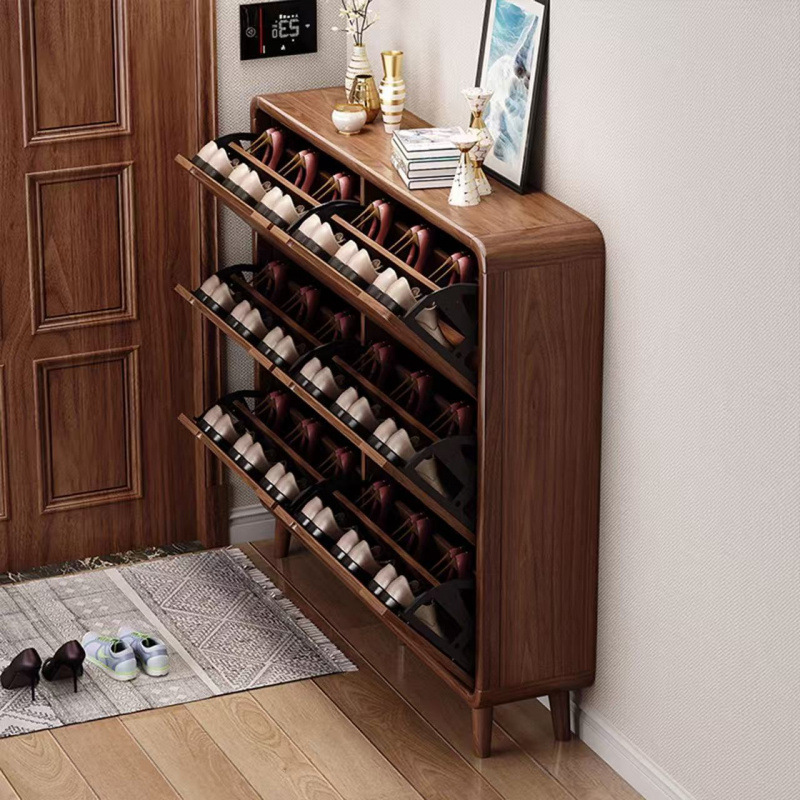 Ultra-Thin Flip-Down Shoe Rack for Home Entrance, Suitable for Small Apartments, Simple Wooden Shoe Cabinet for Hallway Storage