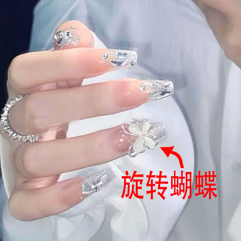 Ins Style Wearable Nails, Mid-Length Wearable, High-End Nails, Sparkling Diamonds, Butterflies, Removable Fake Manicure Wholesale