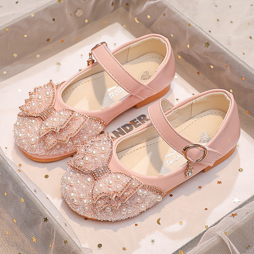 Girls' leather shoes with bows, shiny rhinestone pearl fairy princess shoes, little girls' fashionable children's sequined shoes