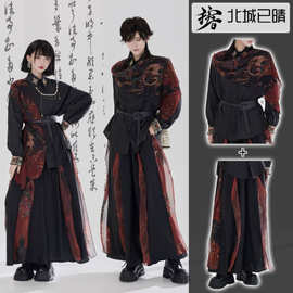 原创实拍中国风龙纹提花上衣双层蕾丝大摆长裙汉服武侠风CP套装