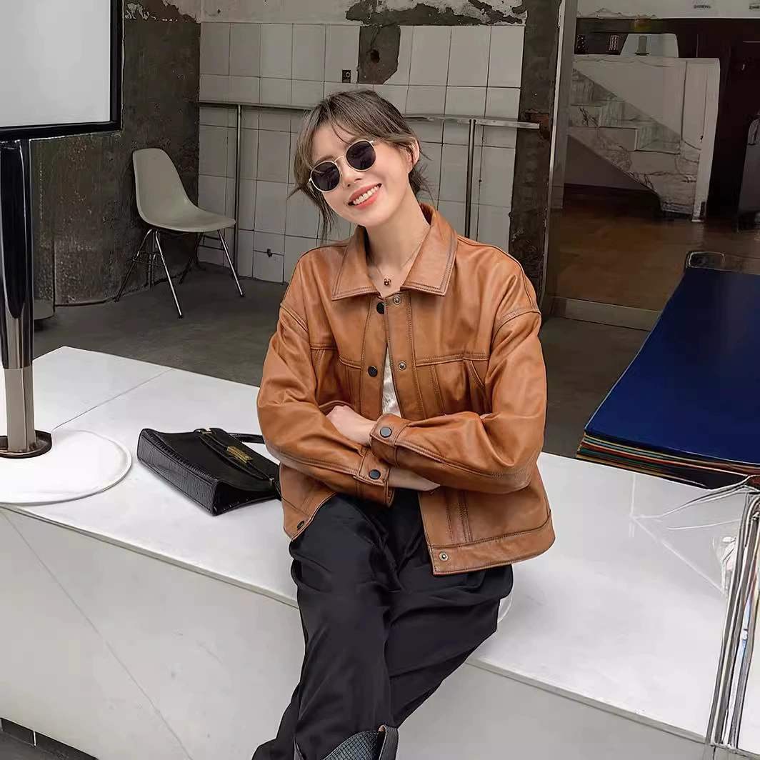 Short brown autumn jacket, genuine leather, oversize