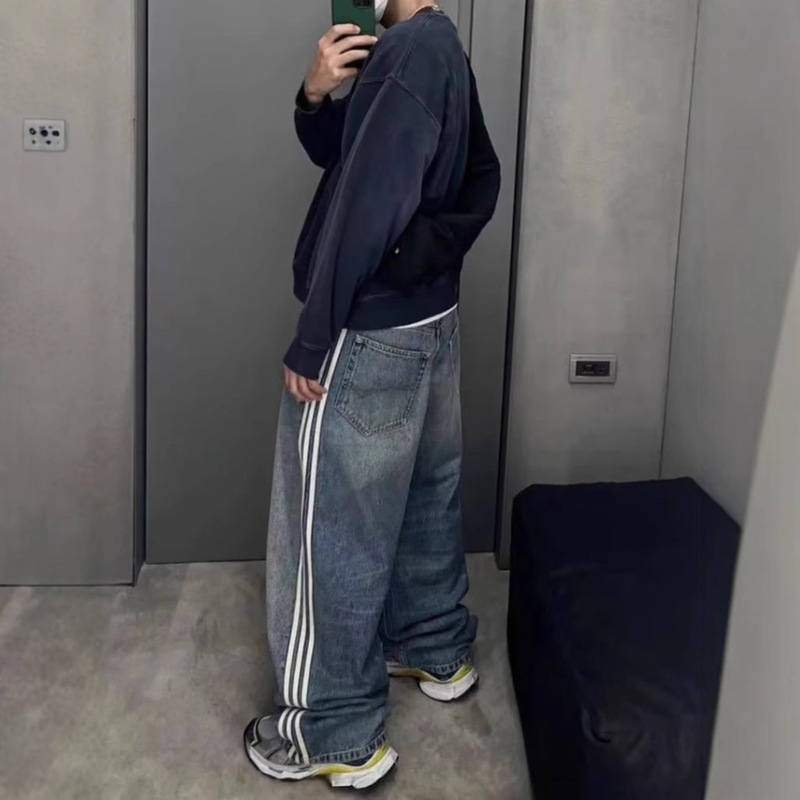 Family B Style Joint Washed Side Stripe Three Bars Loose Straight Jeans Trousers Unisex Wide Leg Pants