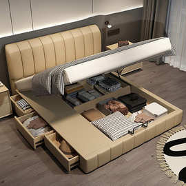现代简约钢琴键床奶油风主卧储物床小户型1米8双人储物床软包皮艺