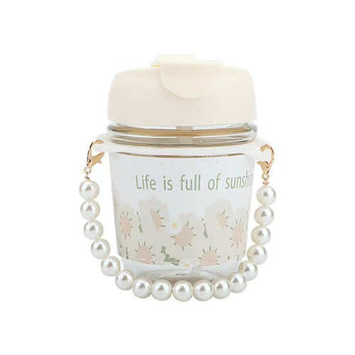 High-definition glass cup printed with pearl design, gift straw cup, portable water cup, coffee double drink cup, souvenir cup