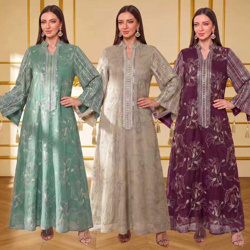 CG811 cross-border foreign trade jalabiya long dress with mesh, gold thread embroidery, floral evening gown, kaftan robe CG811 cross-border foreign trade jalabiya long dress with mesh, gold thread embroidery, floral evening gown, kaftan robe