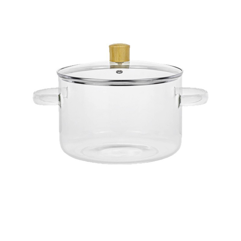 Fabricante mayorista de alto borosilicano puede quemar directamente la olla de vidrio de fuego abierto resistente a altas temperaturas transparente de doble oreja de aluminio para el hogar