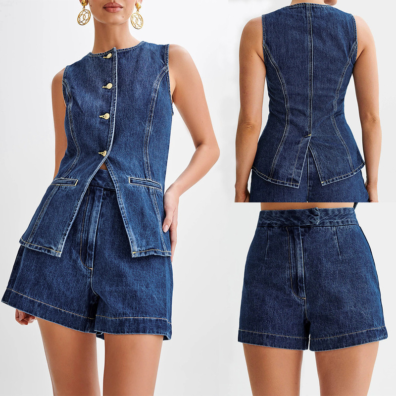 2024 Independent Station Cross-border European and American Style Summer Fashion Leisure Sleeveless High Waist Women's suit Denim Shorts