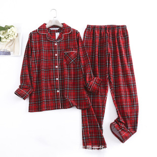 Pure cotton flannelette sanding women's pajamas cover with large size simple loose spring autumn winter European and American Plaid long sleeve trousers