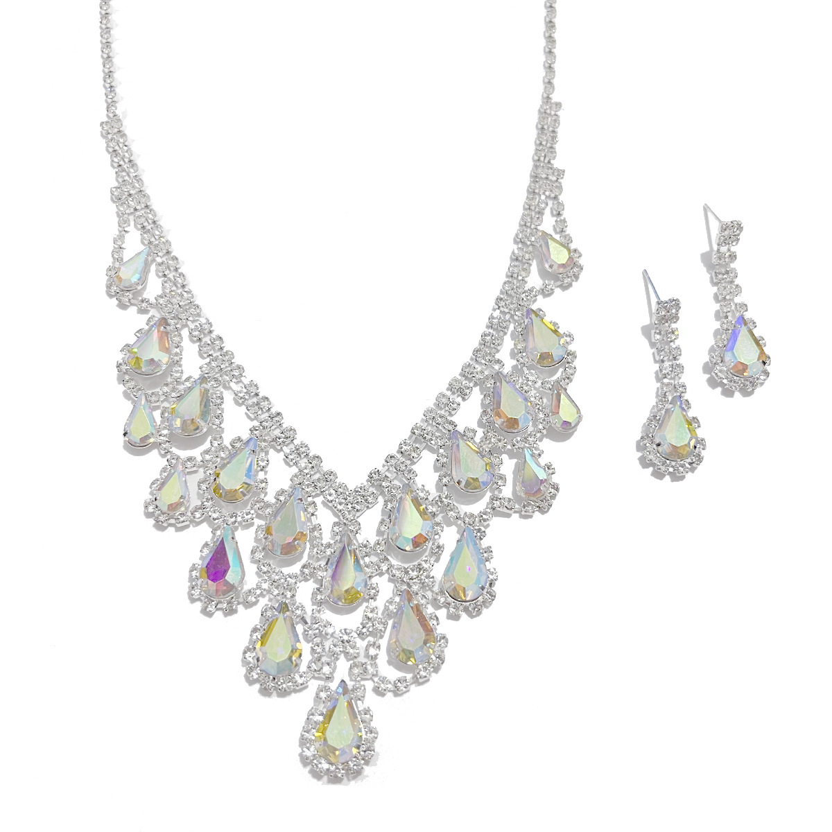 Venta al por mayor de moda cristal diamante collar pendientes de dos piezas vestido de noche accesorios noche fiesta joyería nupcial joyería femenina