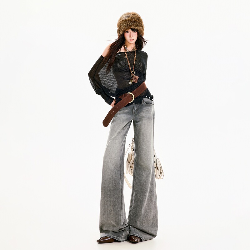 American-style retro smoky gray washed and faded flared jeans for women, 2026 autumn new collection, low-waist, trendy flared pants American-style retro smoky gray washed and faded flared jeans for women, 2026 autumn new collection, low-waist, trendy flared pants