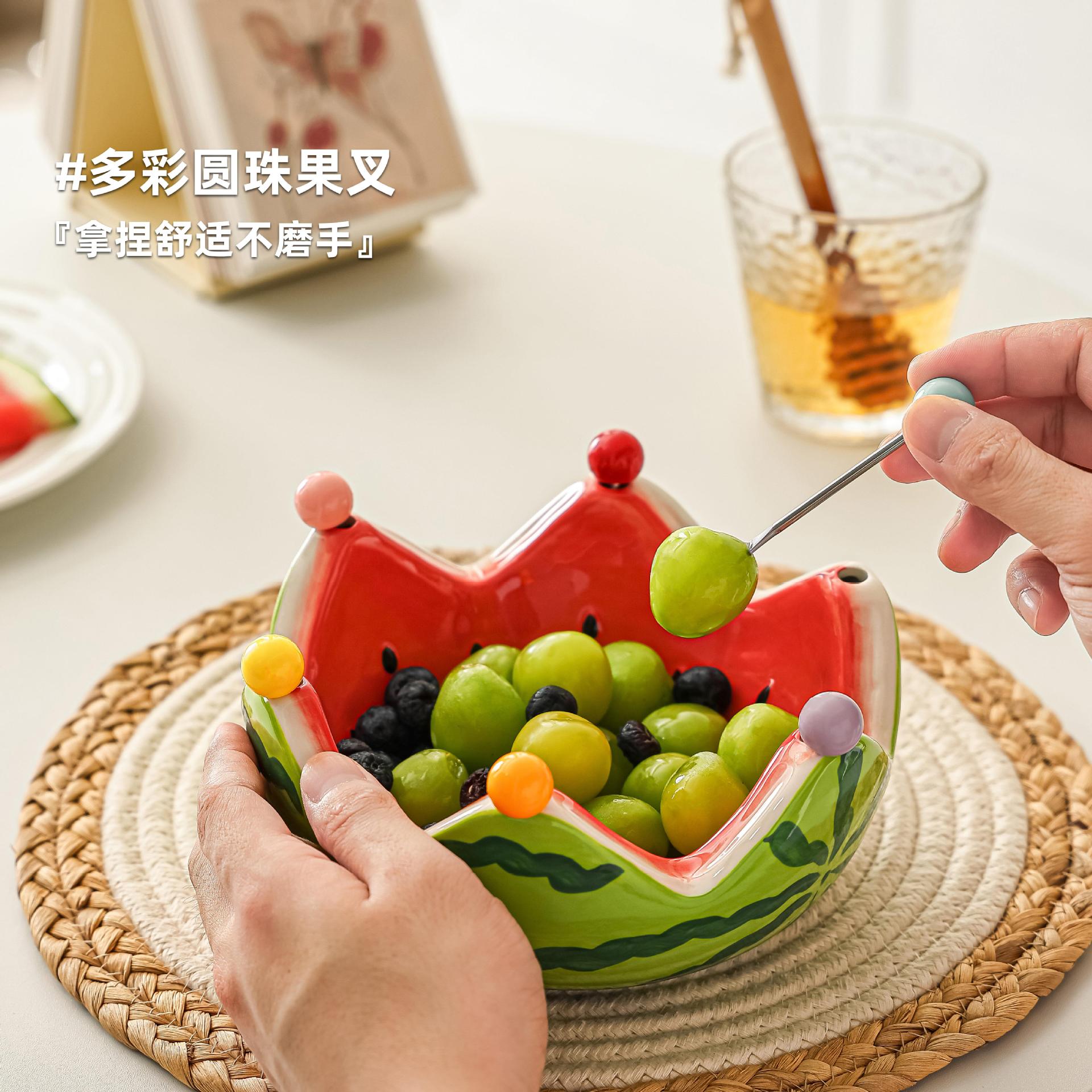 Artículo creativo de sandía en forma de cerámica bandeja de frutas horquilla de frutas conjunto de mesa de té de sala de estar casera horquilla de postres horquilla de almacenamiento tazón