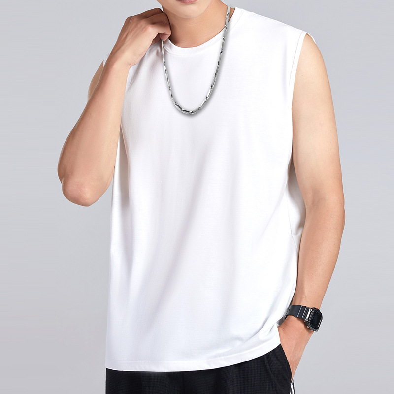 Men's Outer Wear American Heavyweight Wide Shoulder Vest Sports Sleeveless T-Shirt Round Neck Loose Bottoming Top Pure Color Breathable Men's Outer Wear American Heavyweight Wide Shoulder Vest Sports Sleeveless T-Shirt Round Neck Loose Bottoming Top Pure Color Breathable
