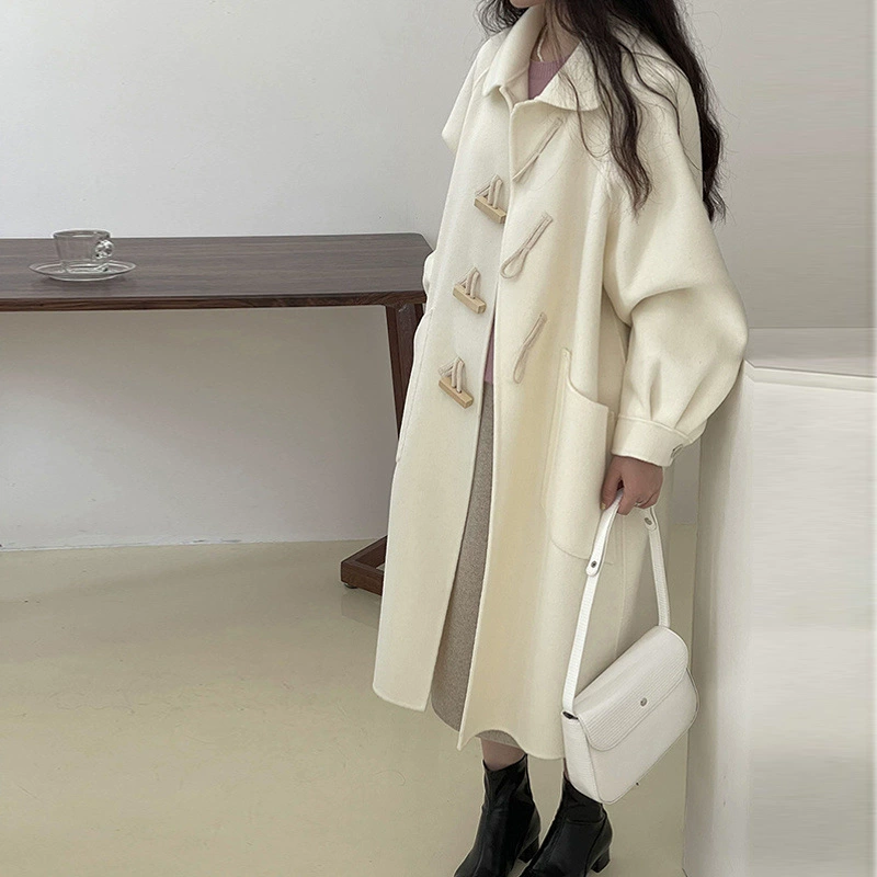 Long double-sided velvet woolen coat, jacket, doll, mid-length, for teenagers, puff sleeves, doll collar