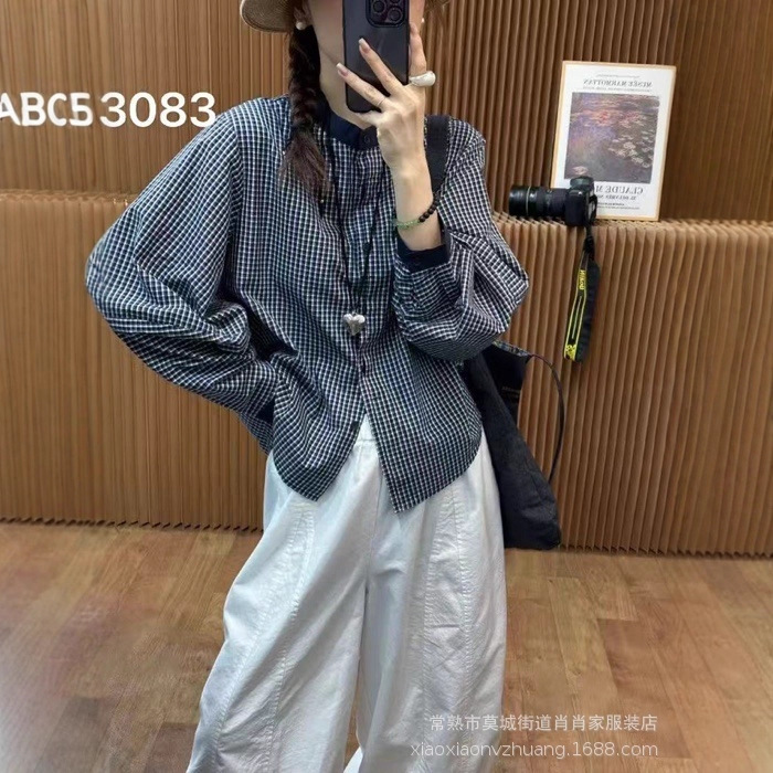 法式格纹长袖衬衫2025简约韩系时尚撞色圆领单排扣百搭休闲上衣女|undefined