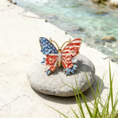European and American Cross-Border Rhinestone-Encrusted Simulated Butterfly Enamel Elegant and Exquisite Light Luxury High-End Decorative Brooch Accessories (Yaxa sancaqları) - american-flag-butterfly-brooch