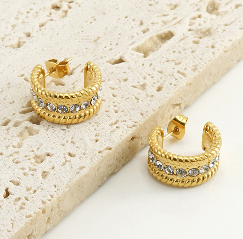 12g Weight 304 Stainless Steel Ear Needle Material Rhinestones Inlay Material 1 Pair Fashion C Shape Plating Inlay Stainless Steel Rhinestones Ear Studs