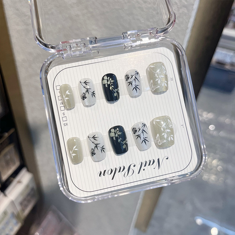 New Chinese Style Bamboo Cat's Eye Wearing A Net Red Surin Free 12 Pieced Nail Art Short Fake Nail Patch New Chinese Style Bamboo Cat's Eye Wearing A Net Red Surin Free 12 Pieced Nail Art Short Fake Nail Patch