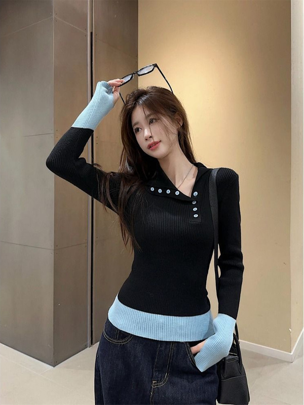 拼接撞色设计感翻领打底女春秋冬季修身显瘦气质内搭针织衫上衣|undefined