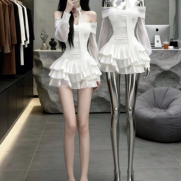 White One-Shoulder Ruffled Long-Sleeved Dress for Women, New Autumn and Winter Style Princess-Style Banquet Dress, Cake Tutu Skirt White One-Shoulder Ruffled Long-Sleeved Dress for Women, New Autumn and Winter Style Princess-Style Banquet Dress, Cake Tutu Skirt