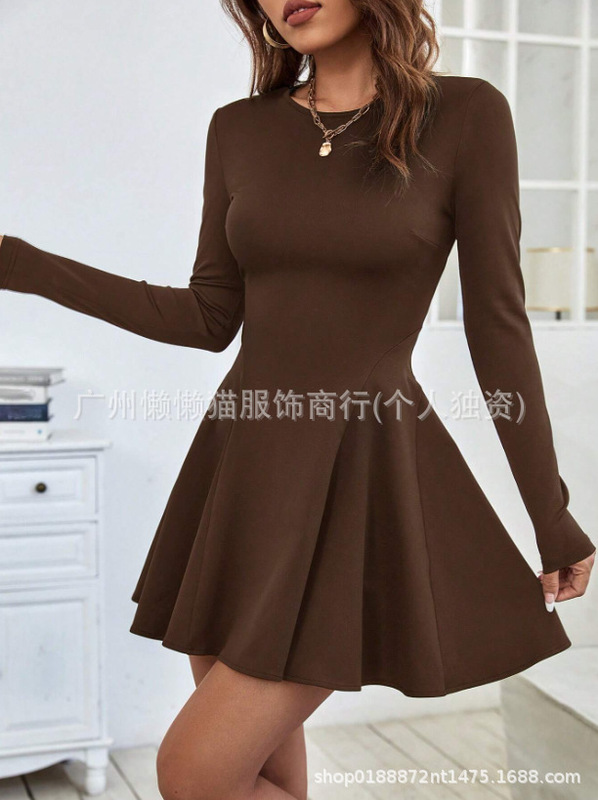 2025亚马逊跨境女装欧美简约纯欲红色连衣裙秋冬高腰修身中长款裙|undefined
