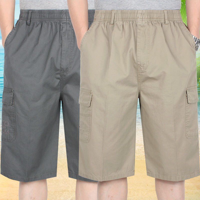 Summer Men's Five-point Pants Loose High Waist Middle-aged and Old Men's Seven-point Large Pants with Elacised Multi-pocket Cotton Shorts