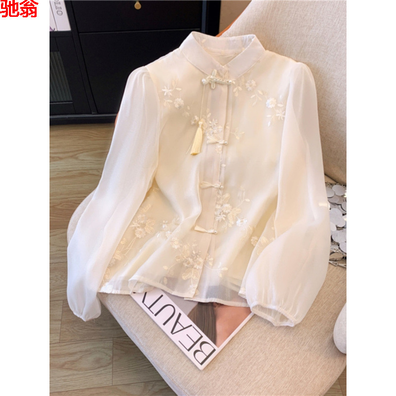Y9Z Series New Chinese-Style Embroidery Series Mesh Lace Patchwork Shirt for Women, Spring National Style Retro Button-Up Stand Collar