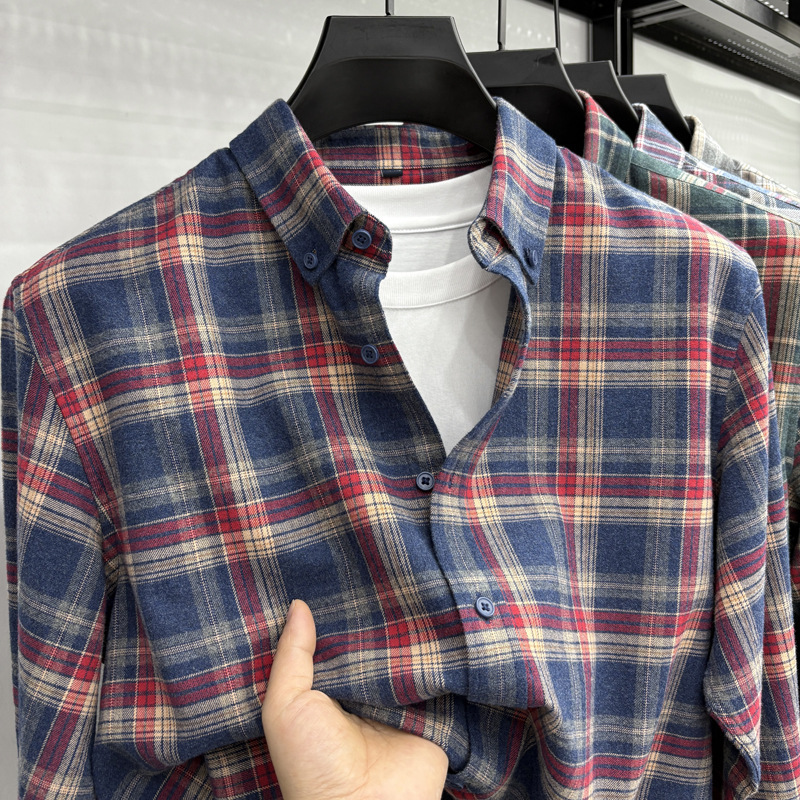 Authentic Tommy Tommy Shirt Men's Long-Sleeved Lapel Top Brushed Plaid Spring Autumn Winter Pure Cotton Shirt Men's Clothing