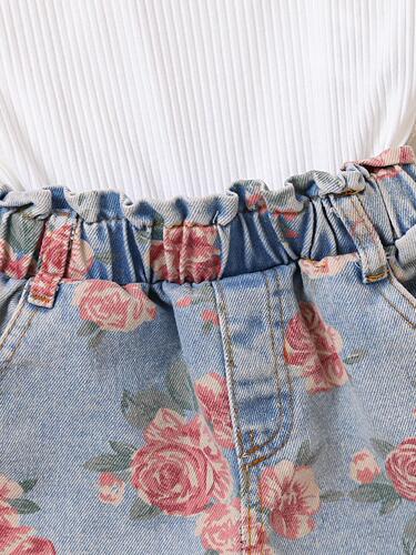 Cross-border Amazon cute girl one-piece jumpsuit with spaghetti straps and denim print set for wholesale, dropshipping one unit