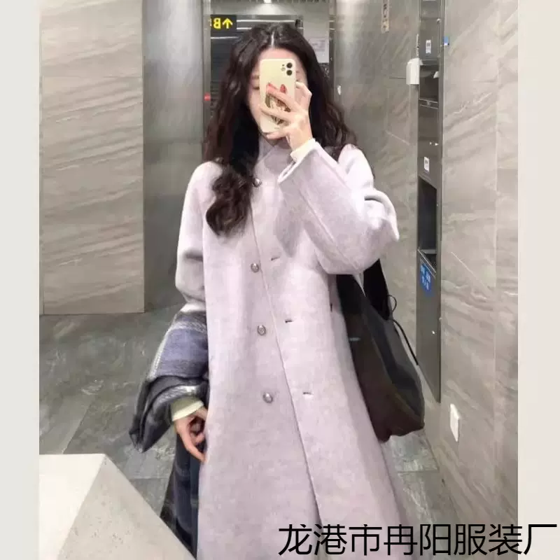 法式紫色立领毛呢外套女冬季新款高级感小个子中长款韩系呢子大衣