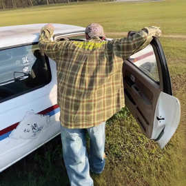 美式复古小众设计格子撞色长袖衬衫男女2025潮牌宽松休闲百搭上衣
