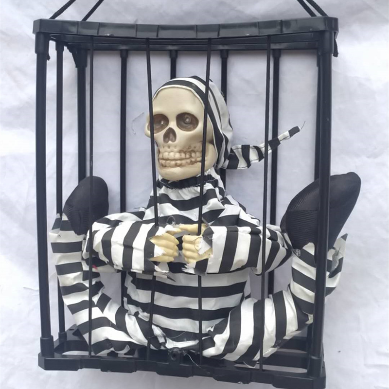 Fantasma colgante de prisionero muerto en jaula - Juguete de truco para casa embrujada de Halloween, luminoso y con sonido, accesorio de terror