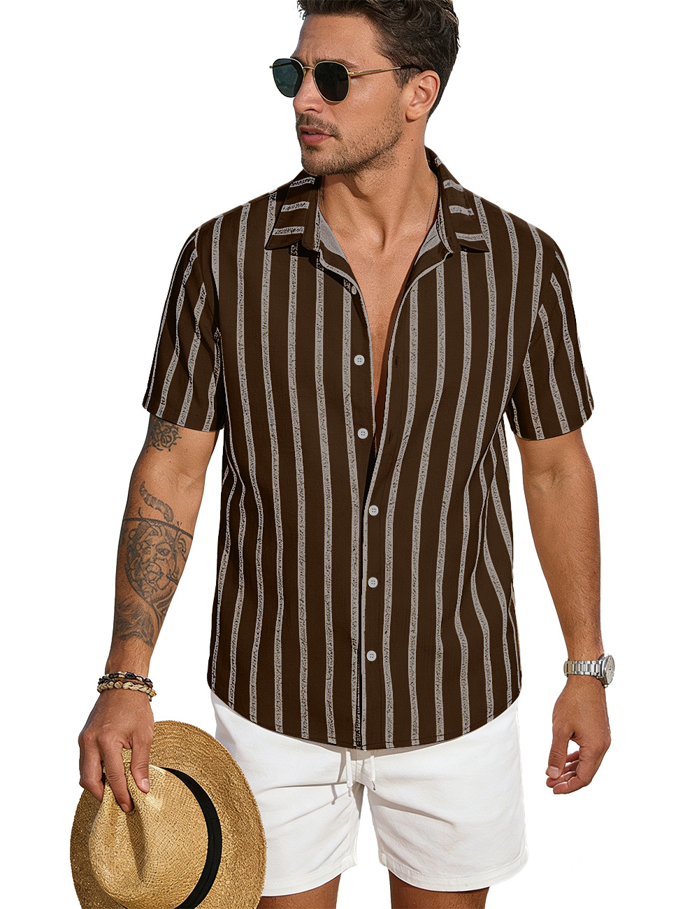 Amazon verano nuevo hombre con la solapa a rayas cardigan de manga corta americano gran camisa casual de comercio exterior camiseta hombre
