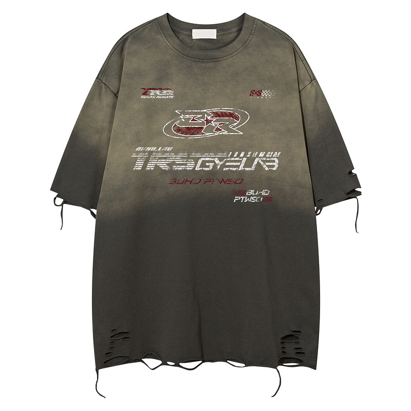 Cut Holes American High Street Washed Racing Heavy Short-sleeved T-shirt Men And Women Retro Loose Tide Brand Gradual Change T-shirt_voghion.com