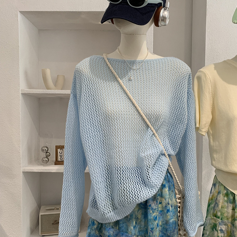 Omalai Gentle Blue Cut-Out Long-Sleeved Knitwear for Women Early Spring New Round Neck Sun Protection Loose Top 7030