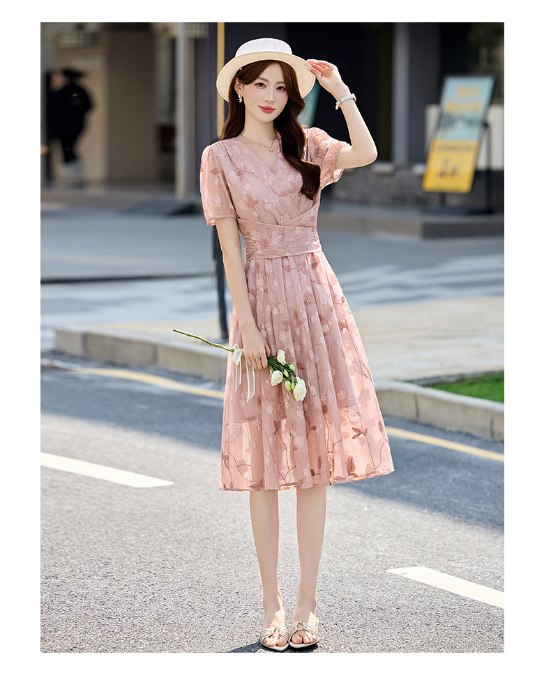 Đầm maxi nữ thắt eo tay bồng họa tiết hoa nhỏ cổ chữ V phong cách tea dress — Màu hồng, màu vàng chi tiết 23