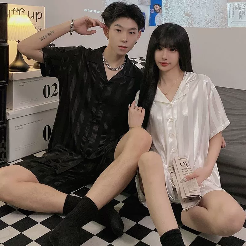 Купите один, получите один бесплатно, пара пижам для женщин, новый летний кардиган из ледяного шелка с короткими рукавами, тонкая домашняя одежда, которую можно носить на улице, костюм для мужчин