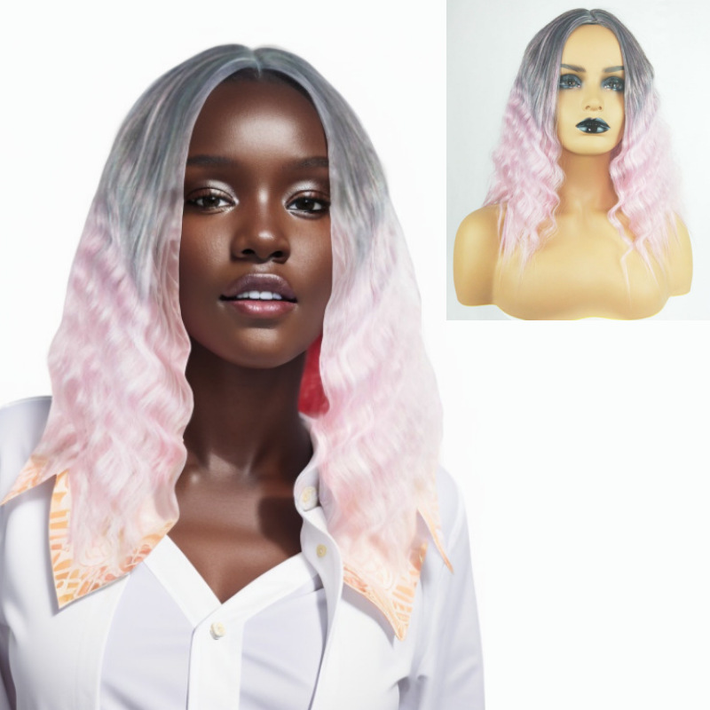 Overseas tremolo foreign trade wig women's medium gradient pink long hair corn perm chemical fiber wigs curly hair headgear wholesale Overseas tremolo foreign trade wig women's medium gradient pink long hair corn perm chemical fiber wigs curly hair headgear wholesale