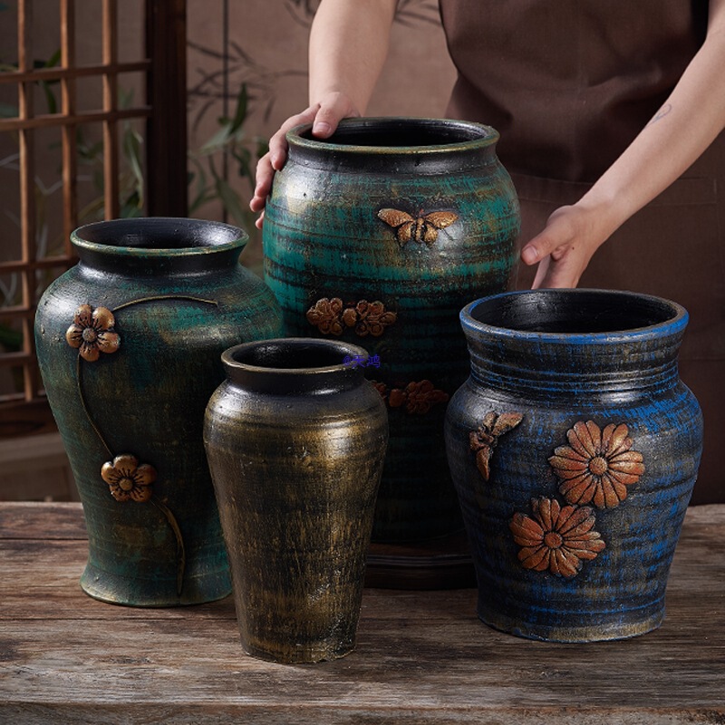 Relief Flower Pot, Retro Creative Stoneware Succulent Pot, Old Pile Master Potted Green Plant Flower Device, Breathable Red Pottery Ornaments